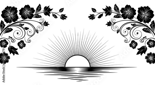 Black and white floral design with sun and water line illustration