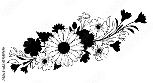 Black and white floral arrangement with daisies and other flowers