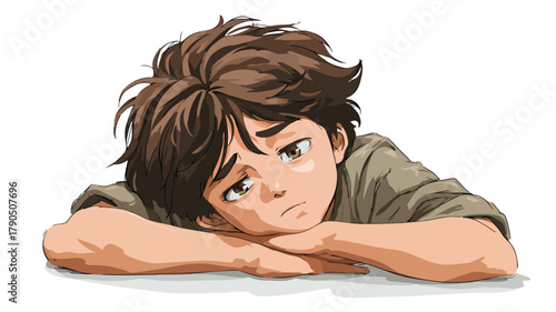 Relaxed Anime Cartoon Boy Resting Lazily on White Background Vector Illustration