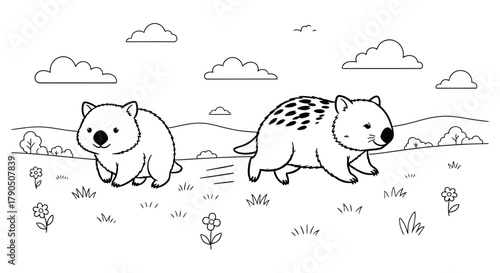 Two wombats running in a field with clouds in a black and white image
