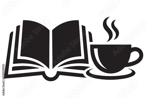 Book and coffee cup group silhouette icon set, reading and relaxation concept on white background illustration
