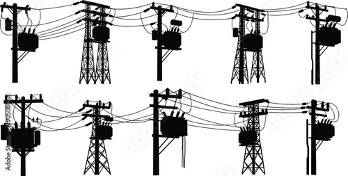 Silhouette vector illustration of electrical poles and transmission towers—power distribution infrastructure, transformer setup, voltage system, energy grid, industrial layout