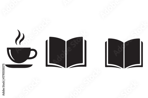 Book and coffee cup group silhouette icon set, reading and relaxation concept on white background illustration
