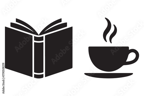 Book and coffee cup group silhouette icon set, reading and relaxation concept on white background illustration
