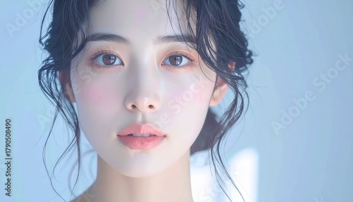 日本人, 超リアル, 美しい若い女性, 顔クローズアップ, 欠点のない肌, 輝く肌質, ナチュラルメイク, 柔らかなライティング, 美容CM風, シネマティック, カメラ目線, 高解像度, Japanese, ultra-realistic, beautiful young woman, face close-up, flawless skin, glowing complexion