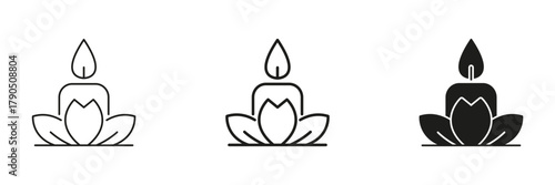Candle With Lotus Flower In Line, Outline, And Glyph Icon Set. Tranquility, Meditation, And Spirituality Symbol Collection. Perfect For Wellness And Mindfulness Themes. Isolated Vector Illustration