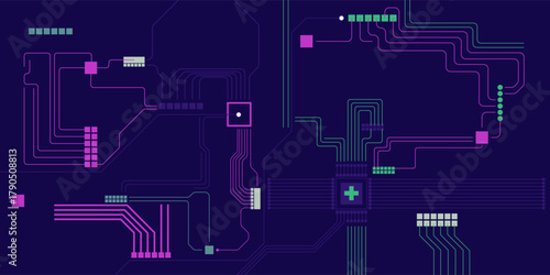Digital tech circuit board neon colour elements abstract vector background