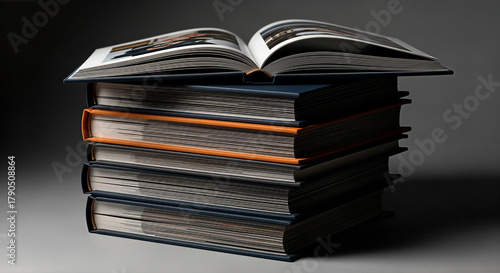 Stacked Hardcover Books with Open Photobook, Dramatic Lighting