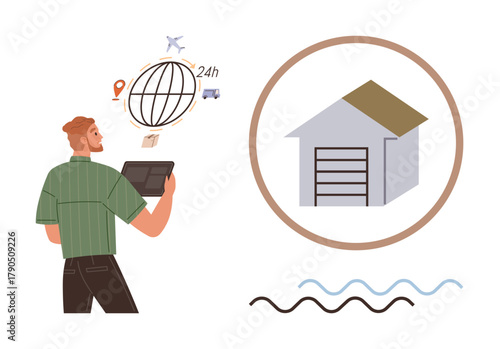 Person with tablet analyzing global logistics with globe, transportation icons, and warehouse graphic. Ideal for supply chain, logistics, shipping, management, warehousing, globalization e-commerce