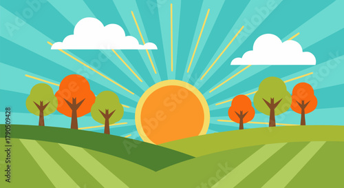 Sunrise Over Rolling Hills with Green Trees and Clouds Bathed in Bright Sunshine Rays