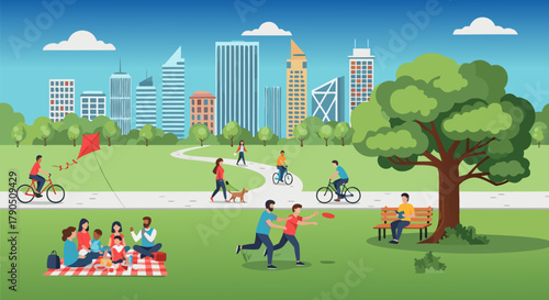 Vibrant urban park scene with diverse people enjoying various leisure activities like cycling, picnicking, and playing frisbee, set against a modern cityscape backdrop on a sunny day