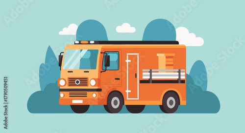 Orange rescue vehicle with equipment, suitable for emergency services illustrations