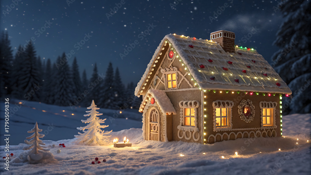 Fototapeta premium Enchanting Snowy Winter Cabin with Festive Lights under a Starry Night Sky
