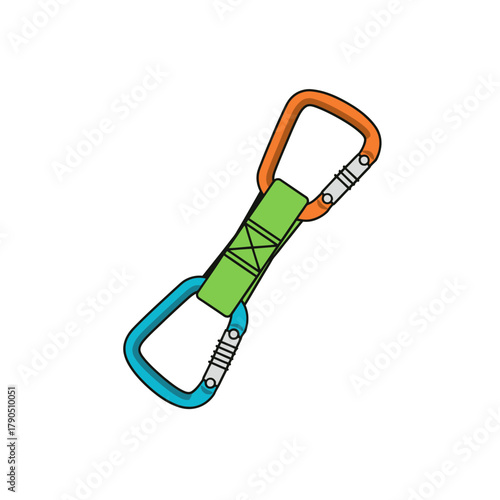 Two Carabiners Connected by a Green Sling for Climbing.
