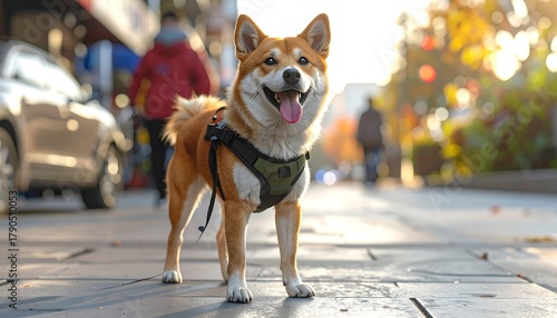 Fototapeta Naklejka Na Ścianę i Meble -  Dog Wearing Harness on City Street.