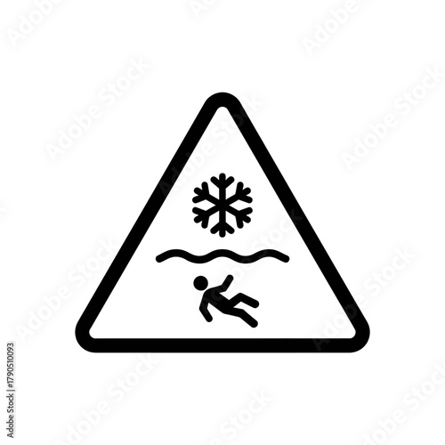 Warning sign depicting thin ice hazard with snowflake and falling person.