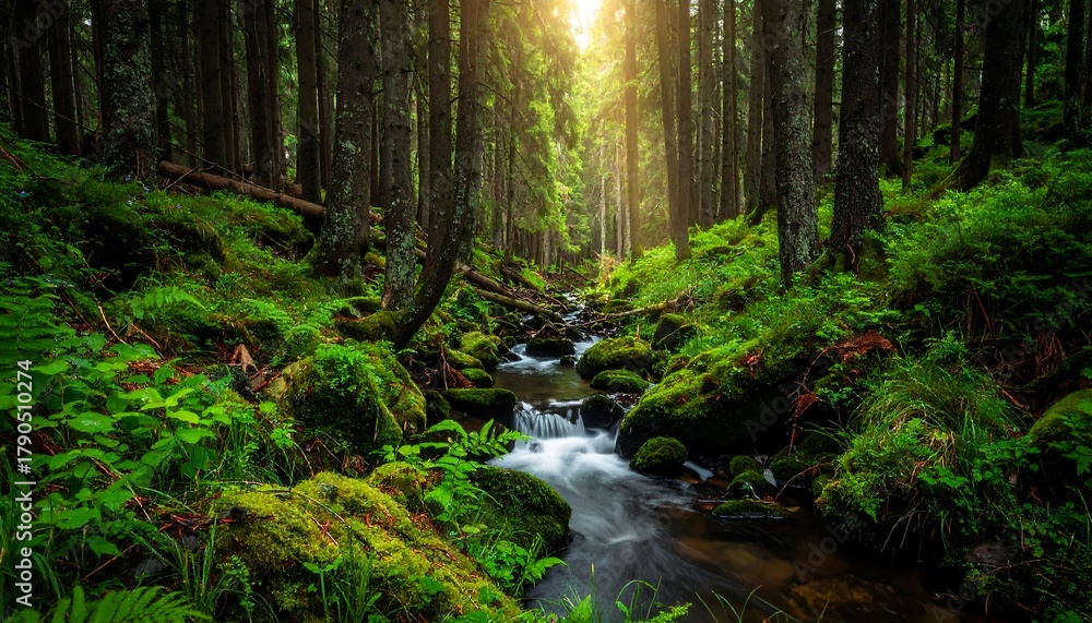 Obraz premium Sunlit Stream Through Lush Forest - A Serene Nature Scene.