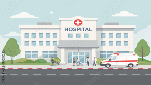 Modern Hospital Building With Ambulance And Medical Staff In Front Of Entrance