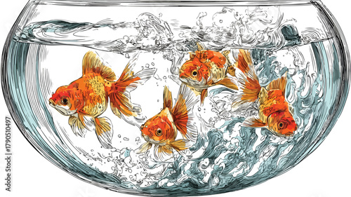 Elegant Goldfish Swimming in Round Glass Bowl