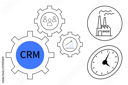 CRM gear linking with smaller gears of analytics and contacts, factory icon, and clock symbolizing business optimization. Ideal for industry, productivity, management, organization, data, workflow