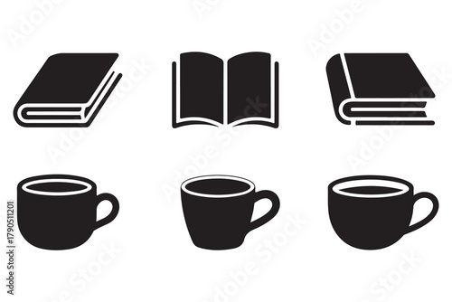 Book and coffee cup group silhouette icon set, reading and relaxation concept on white background illustration
