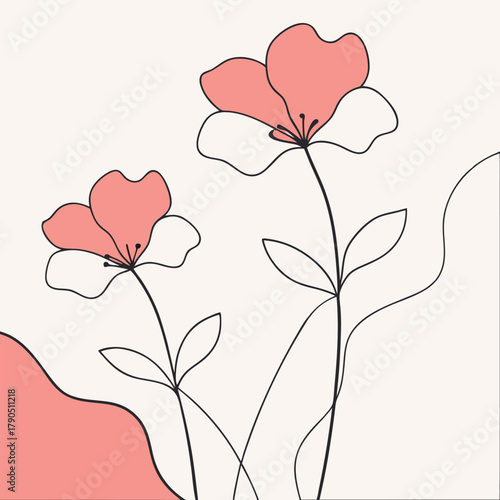 Minimalist line art of two pink flowers with abstract shapes