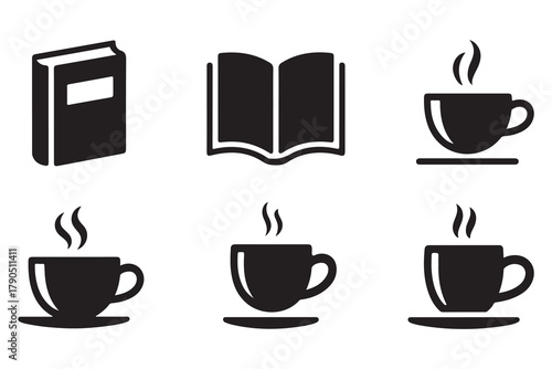 Book and coffee cup group silhouette icon set, reading and relaxation concept on white background illustration
