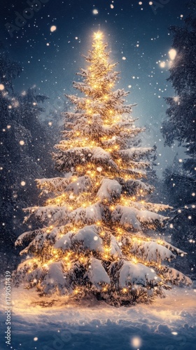 A beautifully lit Christmas tree stands majestically in the snow, surrounded by a serene winter landscape, evoking a magical holiday atmosphere.