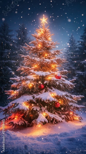 A beautifully decorated Christmas tree glows under falling snow, surrounded by dark trees, creating a magical winter scene.