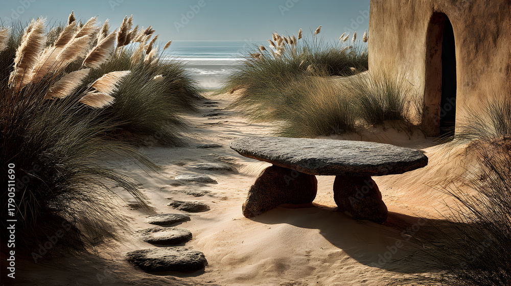 Obraz premium Seaside Sanctuary Stone Bench and Coastal Path to the Beach.