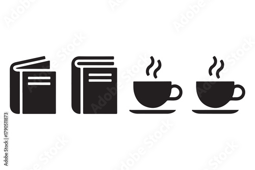 Book and coffee cup group silhouette icon set, reading and relaxation concept on white background illustration
