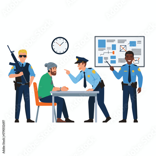 Police interrogating a suspect with officers standing guard and a complex diagram on the wall