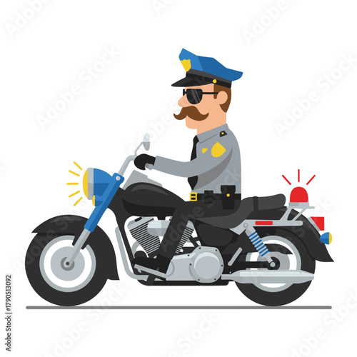 A cartoon illustration of a police officer riding a motorcycle in uniform, with his mustache and hat visible