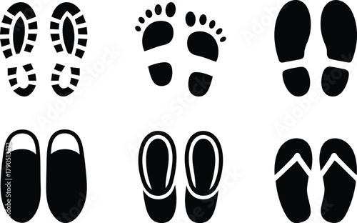 Footprints and Footwear Collection Various Types Minimalist Black and White Design