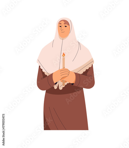 Orthodox nun in traditional attire portrait. Religious sister, woman of Christian religion in headscarf. Happy clergy, church priest holds candle in hands. Flat isolated vector illustration on white.