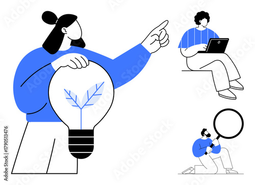 Figure holding lightbulb symbolizing ideas, person with laptop working, researcher examining with magnifying glass. Ideal for creative thinking, problem-solving, collaboration, education, growth