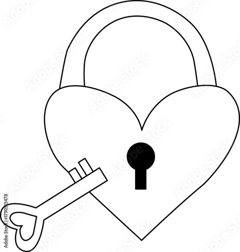 key and padlock in the form of a heart. Valentine's Day composition. Vector graphic line illustration. For t-shirt printing, web design, beauty salons, posters, logo creation.