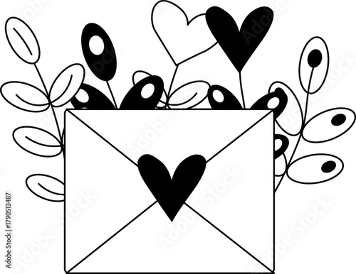 Love letter with hearts and flowers Valentine's Day composition. Vector graphic line illustration. Silhouette sign for logo, print, comics, fashion, pop art, boards, design, stickers, decoration