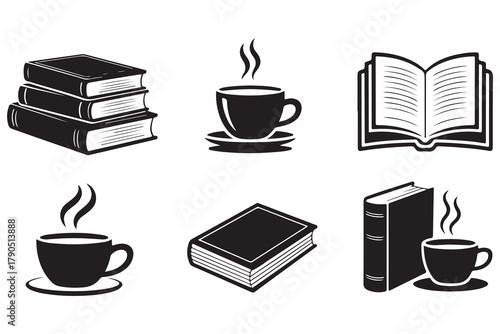 Book and coffee cup group silhouette icon set, reading and relaxation concept on white background illustration
