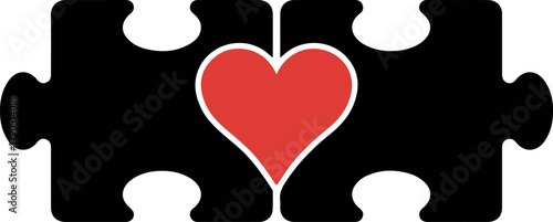 Heart connecting two puzzle pieces flat minimal vector icon