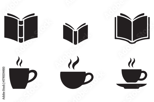 Book and coffee cup group silhouette icon set, reading and relaxation concept on white background illustration
