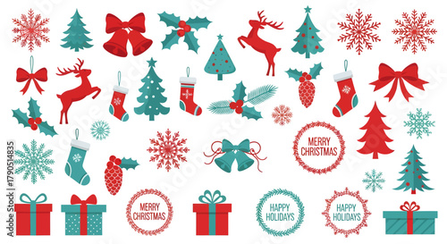 Festive Christmas icons: trees, snowflakes, gifts, reindeer, stockings, bells, and holly berries.