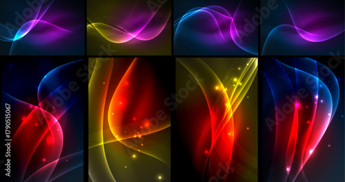 Bright abstract vector designs. Smooth curves, vibrant colors, dynamic shapes create energetic visual impact. Modern digital artwork.