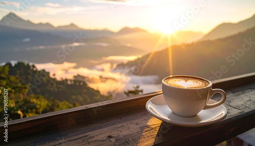 Cup of coffee with heart-shaped latte art overlooks mountains at sunrise with fog-filled valleys