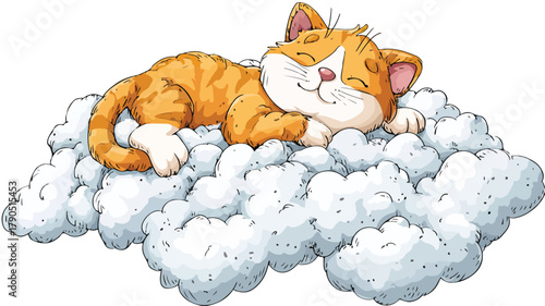 Adorable Sleeping Cat on Fluffy Cloud Cartoon Vector Illustration