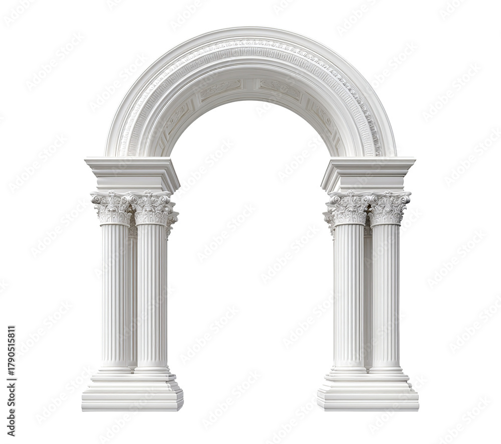 Fototapeta premium White Roman Arch with Corinthian Columns isolated on a transparent background