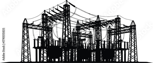 Silhouette vector illustration of electrical substation and transmission towers—power grid infrastructure, voltage system, transformer layout, industrial energy network design