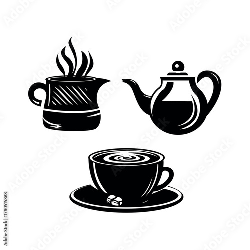 Elegant Vector Art Coffee Pot, Teapot, and Cup for Cozy Cafe Vibes