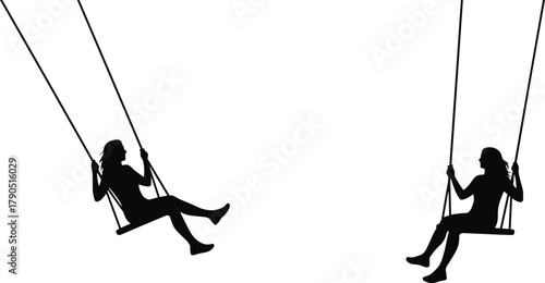 20-word title: Silhouetted people swinging at sunset, playful motion captured, dynamic balance and freedom, joyful outdoor leisure, nostalgic summer evening scene photography