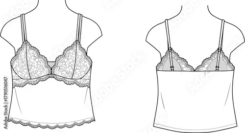 Lace camisole fashion sketch, front and back view, technical garment illustration, lingerie design, adjustable straps, floral lace trim, apparel